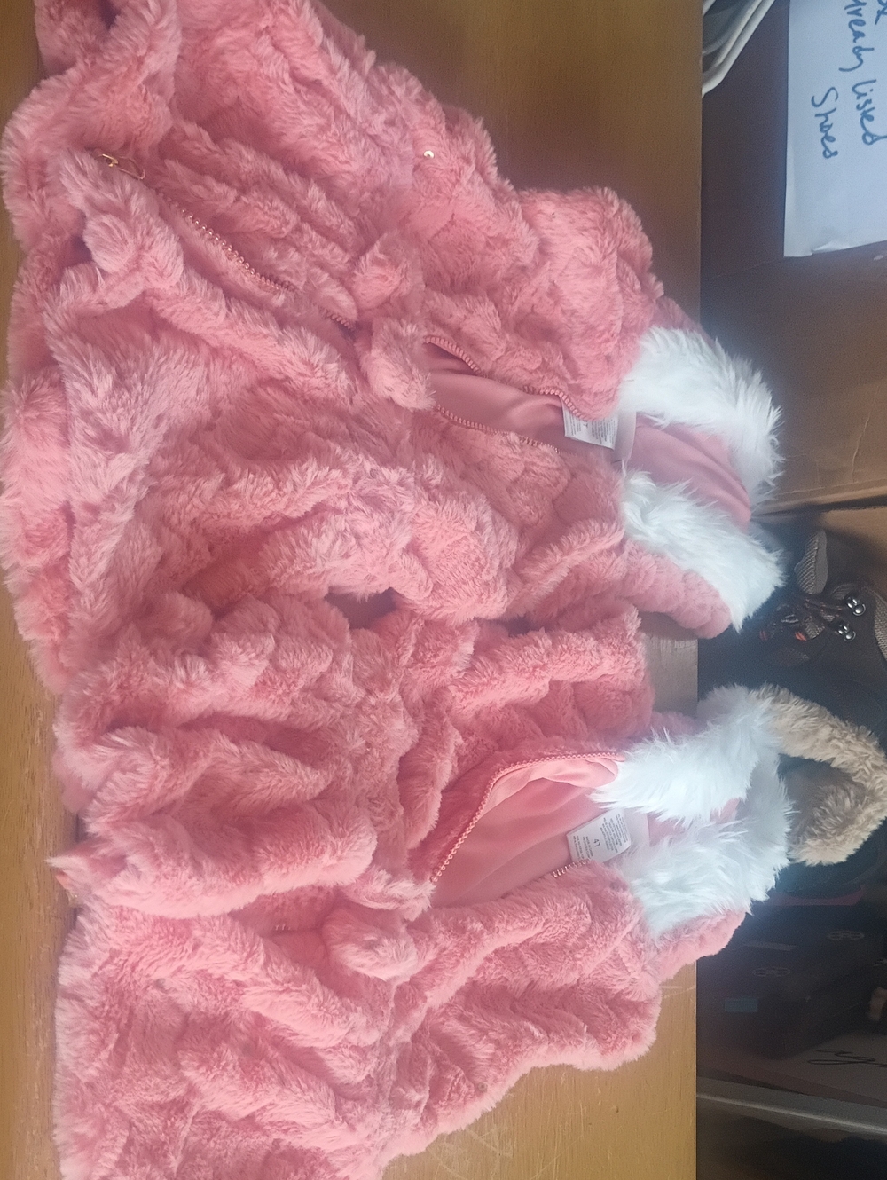 Little Lass Coral Pink Hooded Faux Fur Jacket with White Trim